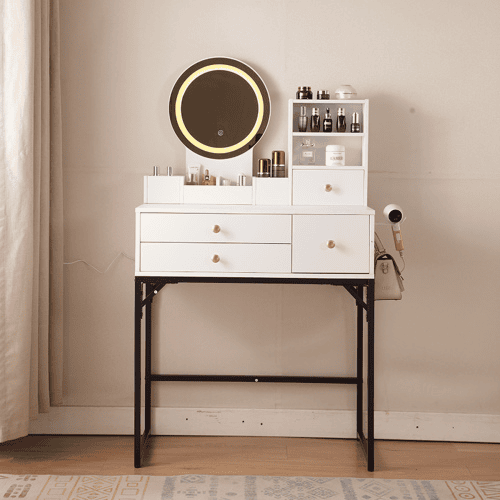 Vanity Desk With Lighted Mirror & Power Outlet, Makeup Vanity Desk With Drawers And Cabinet, Sturdy Iron Bracket, Make Up Vanity Table For Bedroo