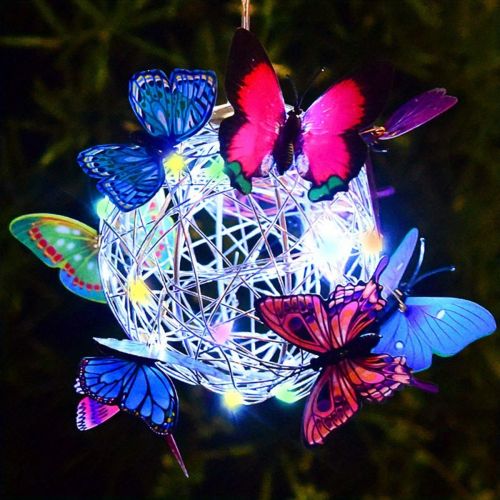 1pc LED Solar Butterfly Ball Wind Chime Light Hanging Lantern Garden Yard Decor Solar Lights Outdoor Butterfly Lights Garden Decorative Solar Lig